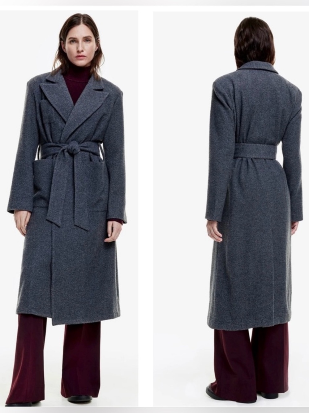 SMYTHE Wool Belted Slate Herringbone Wrap Long Coat